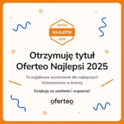 Grafika z logotypem Oferteo Najlepsi 2025, gratulacje dla wykonawców. Napis: Otrzymuję tytuł Oferteo Najlepsi 2025, podziękowanie za zaufanie i wsparcie.