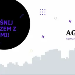 Grafika reklamowa z hasłem 'Rośnij razem z nami!' w fioletowym kółku, logo 'AGREV Agencja marketingowa' i sylwetką miasta w tle, utrzymana w minimalistycznej stylistyce.