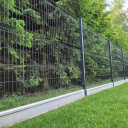 FIRMA BUDOWLANA GRZEGORZ ZAJĄC - Długie, metalowe ogrodzenie panelowe z podmurówką betonową, oddzielające trawnik od gęstego, zielonego żywopłotu z drzew iglastych.