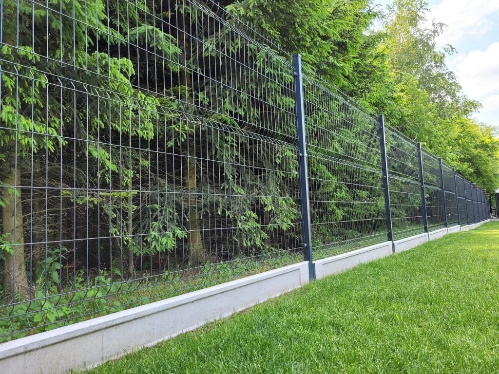 Długie, metalowe ogrodzenie panelowe z podmurówką betonową, oddzielające trawnik od gęstego, zielonego żywopłotu z drzew iglastych.