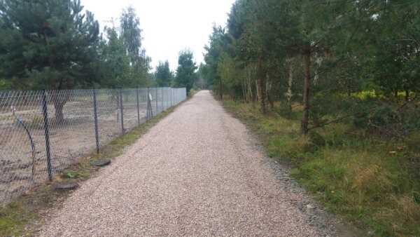 Długa, żwirowa droga przez las, ogrodzona siatką panelową po lewej stronie. Drzewa po obu stronach drogi. Pochmurne niebo.