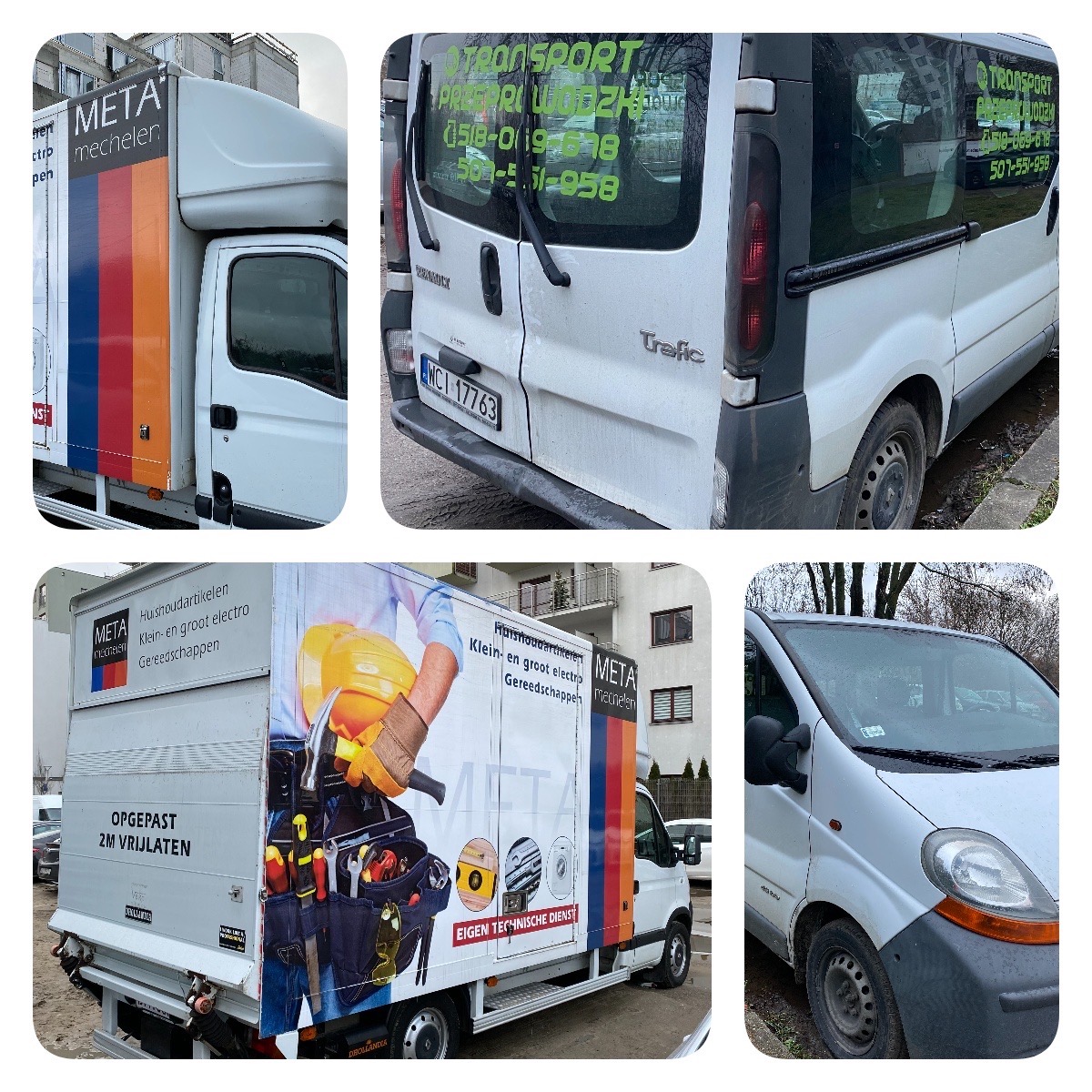 Zestawienie zdjęć białych samochodów dostawczych firmy META z reklamami usług elektrycznych i transportowych, w tym widok z tyłu z numerem rejestracyjnym i zielonym napisem 'TRANSPORT' oraz bok...