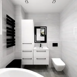 Wizualizacja nowoczesnej łazienki z białymi płytkami imitującymi fale, czarnym grzejnikiem drabinkowym, białymi szafkami pod umywalką i toaletą oraz drewnianymi drzwiami.