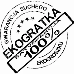 Czarno-biała grafika przedstawiająca okrągłą pieczęć z napisem 'Gwarancja Suchego' i pięcioma gwiazdkami, z przekreślającym ją prostokątnym stemplem zawierającym napis 'Satysfakcja 100%', całość...