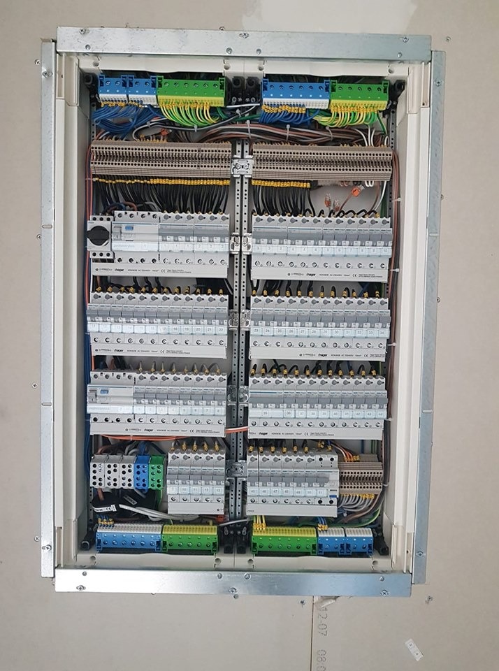 Rozdzielnica elektryczna z licznymi zabezpieczeniami nadprądowymi i różnicowoprądowymi marki Hager, widoczne przewody w kolorach niebieskim, zielono-żółtym i czarnym, zamontowana w obudowie...