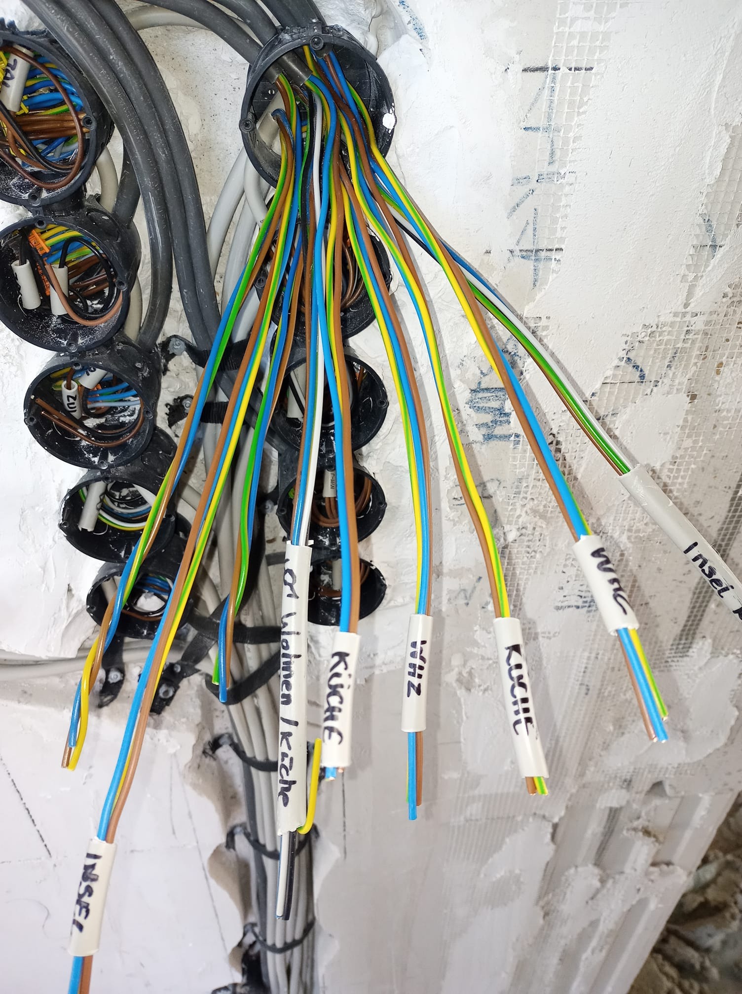 Instalacja elektryczna w trakcie montażu: kolorowe przewody wychodzące z puszek instalacyjnych, oznaczone etykietami z nazwami pomieszczeń, na tle surowej ściany z siatką i gipsem.