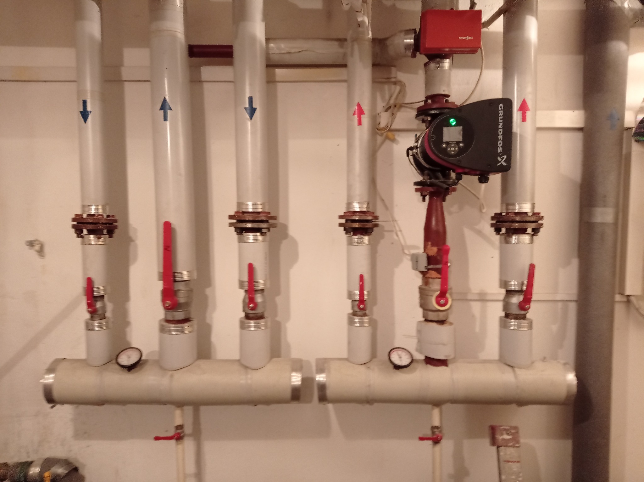 Rozdzielacz instalacji grzewczej z rurami, zaworami, manometrami i pompą obiegową Grundfos, strzałki wskazują kierunek przepływu.