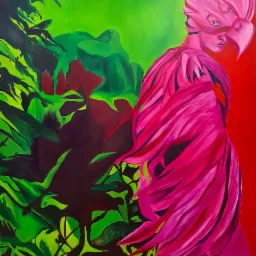 Obraz przedstawia postać w masce ptaka i szacie z piór w odcieniach różu, na tle abstrakcyjnego krajobrazu z zielenią i czerwienią.