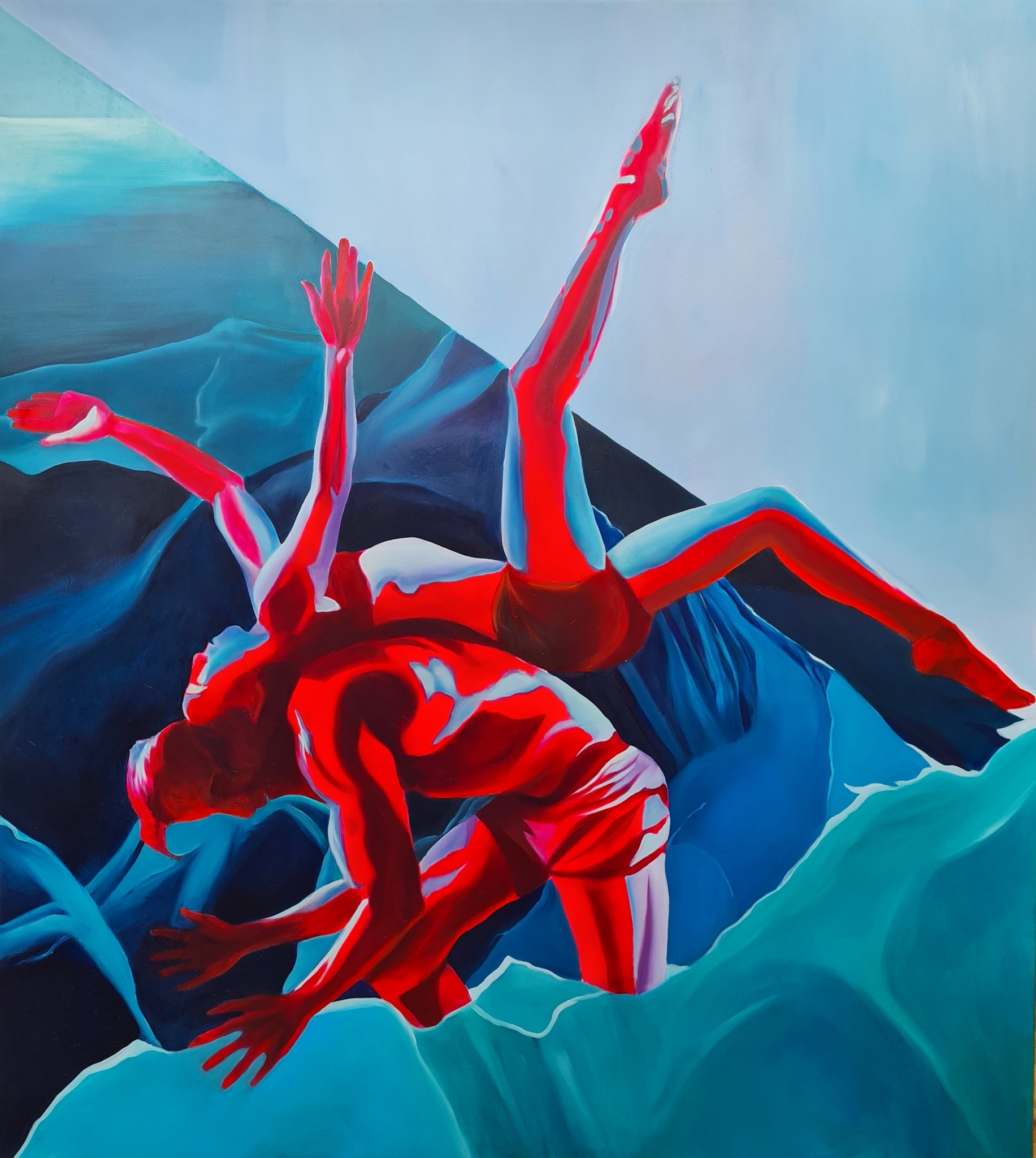 Abstrakcyjne malowidło przedstawiające dwie postaci w dynamicznych pozach, dominują odcienie czerwieni i błękitu na tle przypominającym góry i niebo.