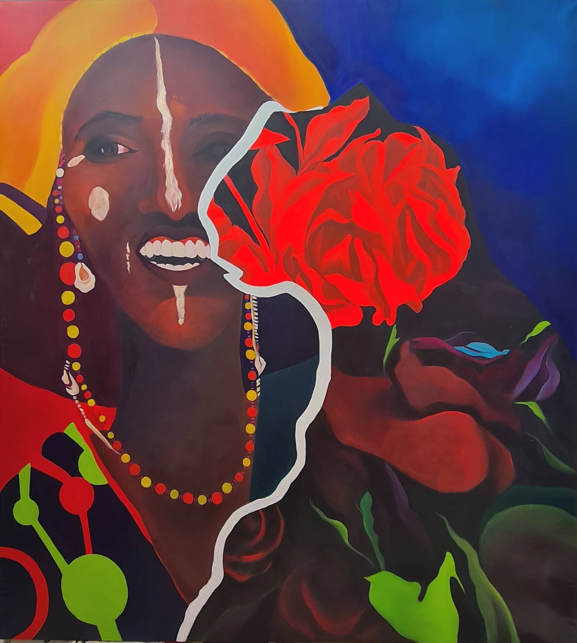 Portret kobiety z afrykańskimi motywami i czerwoną różą, namalowany grubymi pociągnięciami farby na płótnie.