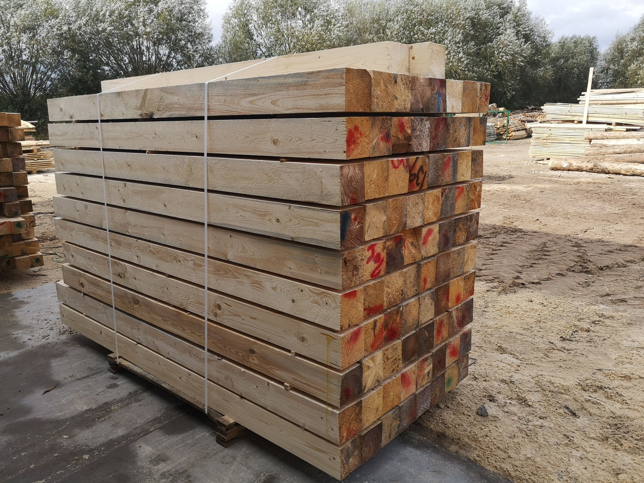 Stos drewnianych belek konstrukcyjnych, zabezpieczonych taśmą, z widocznymi oznaczeniami kolorystycznymi na końcach, ułożony na palecie na placu składowym.