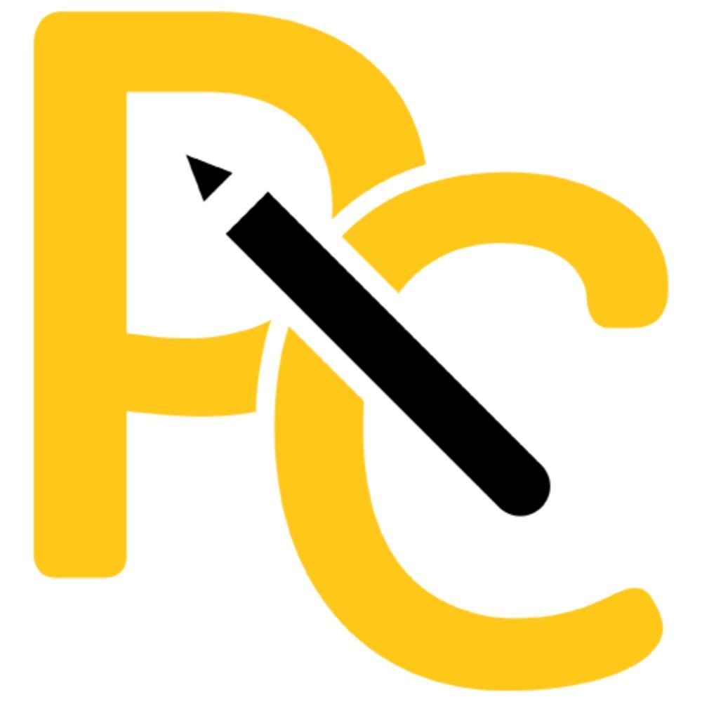 Żółte litery PC z czarnym ołówkiem ukośnie przez środek, tworzące logo.