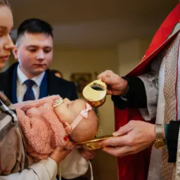 Ksiądz polewa wodą głowę niemowlęcia podczas ceremonii chrztu, matka trzyma dziecko w różowym kocyku, w tle ojciec w garniturze.