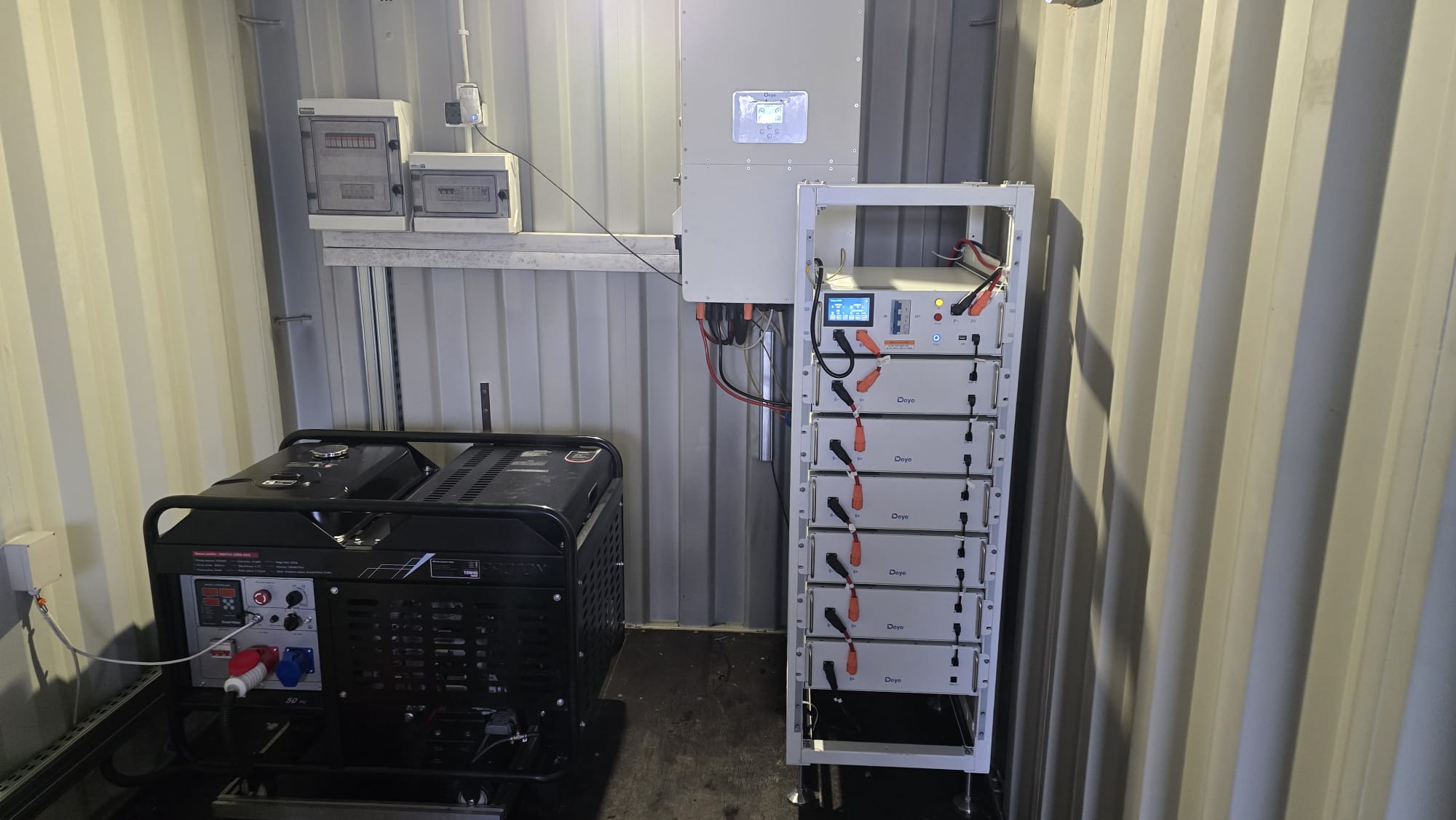 Wnętrze kontenera z agregatem prądotwórczym, rozdzielnicami i bateriami magazynu energii Deye. Instalacja w metalowym kontenerze.