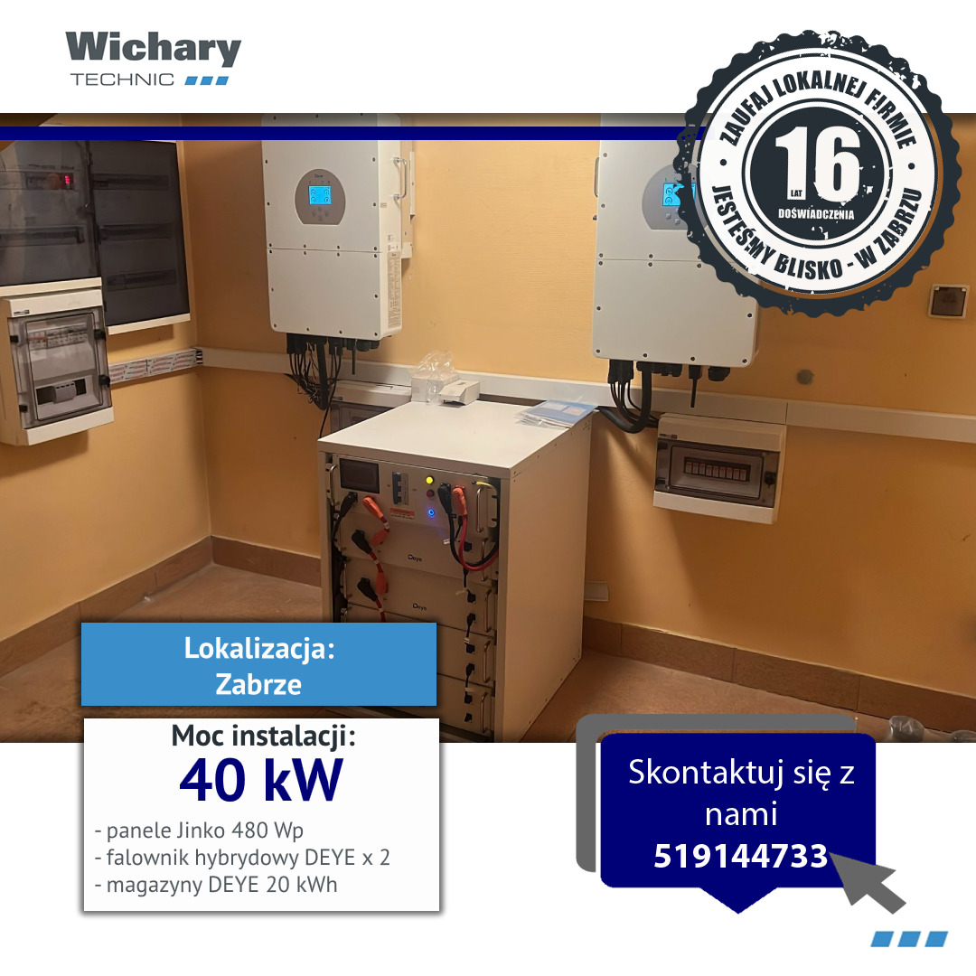 Instalacja hybrydowa z magazynem energii DEYE 20 kWh w Zabrzu. Widoczne falowniki i rozdzielnice. Moc instalacji 40 kW, panele Jinko 480 Wp.