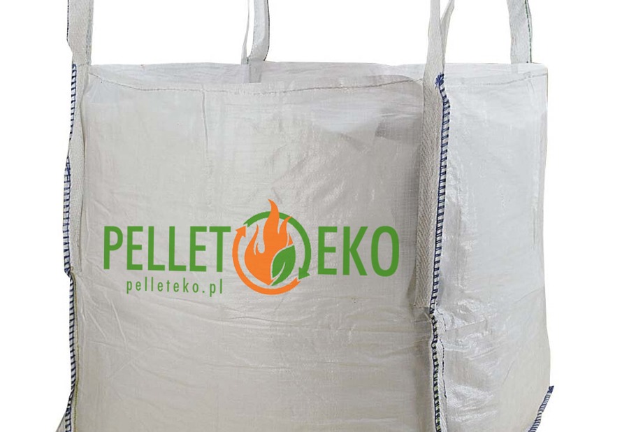 Duży, biały worek typu Big Bag z nadrukowanym logo firmy oferującej pellet, widoczny na białym tle.