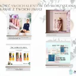 Kolaż reklamowy z czterema różnymi ofertami: zabiegi kosmetyczne, kolekcja ubrań, naturalne kosmetyki oraz książka z hasłem 'Liczymy na Wasz głos!'