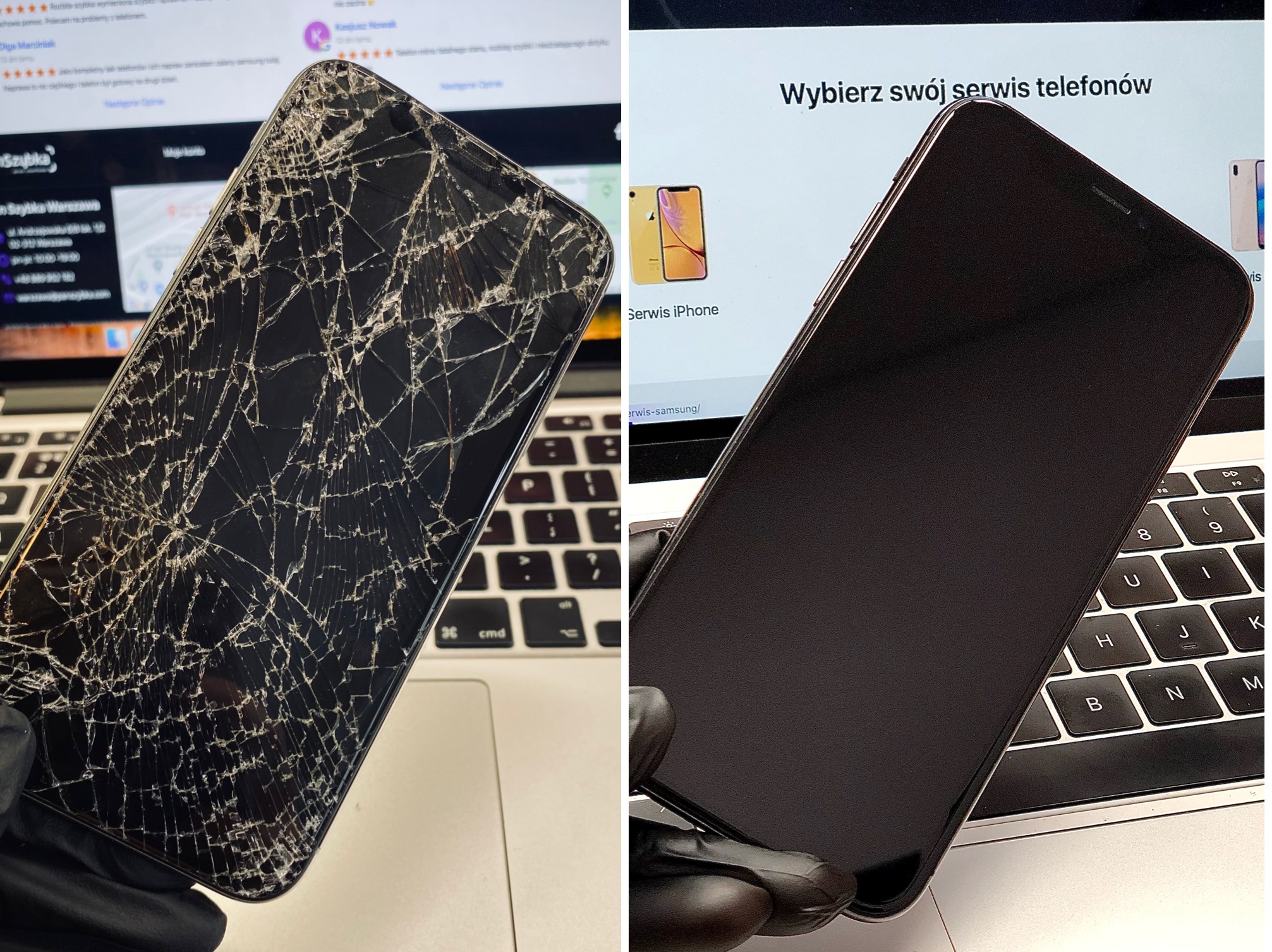 Porównanie: smartfon z potłuczoną szybą ekranu po lewej stronie i ten sam smartfon po wymianie szybki, z nowym ekranem po prawej stronie, oba leżą na klawiaturze laptopa.