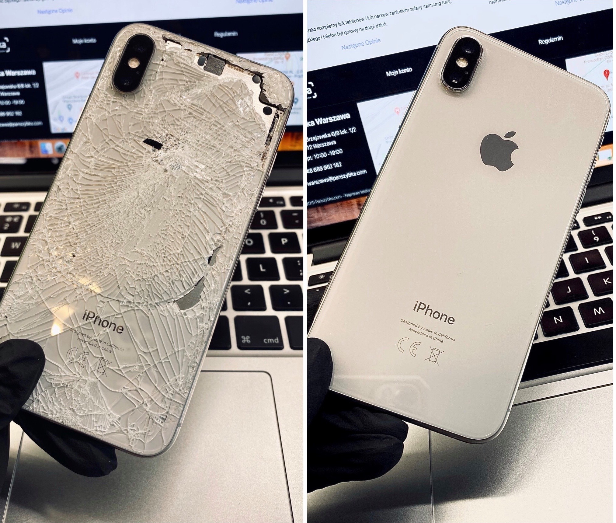 Porównanie tyłu białego iPhone X przed i po naprawie: z lewej ekran potłuczony w pajęczynę, z prawej - gładki, na tle klawiatury laptopa.
