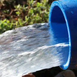 Strumień czystej wody wypływa z niebieskiej rury PCV na tle zieleni.