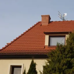 Czerwony dach z dachówki karpiówki, komin z cegły, antena satelitarna na dachu, widok z dołu na tle jasnego nieba, iglaki w ogrodzie.