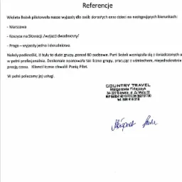 Skan dokumentu referencyjnego dla firmy Country Travel, potwierdzający organizację wyjazdów do Warszawy, Koszyc i Pragi dla dużych grup dorosłych i dzieci, z podpisem Małgorzaty Firlejczyk.