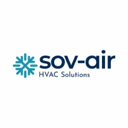 Logo firmy SOV-air HVAC Solutions z symbolem płatka śniegu w kolorze turkusowym.