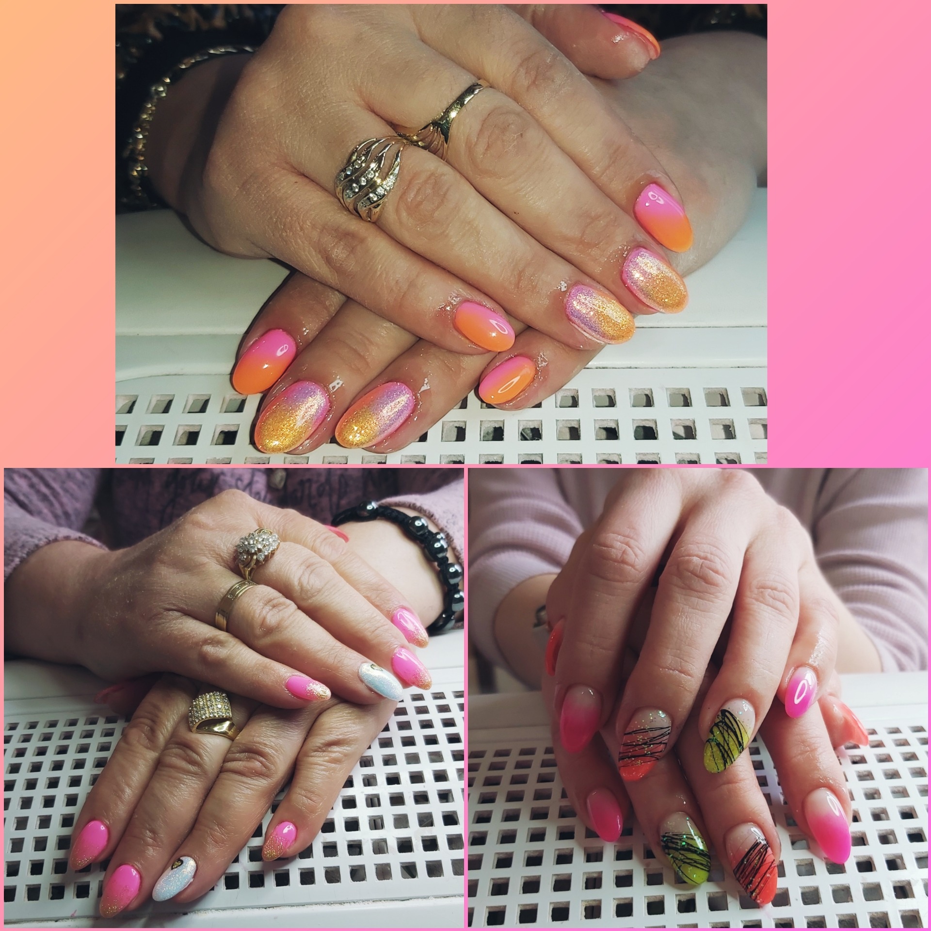Kolaż trzech ujęć dłoni z pomalowanymi paznokciami: ombre różowo-pomarańczowe z brokatem, różowe z brokatowymi końcówkami i białym paznokciem z rysunkiem, oraz ombre różowo-pomarańczowe...