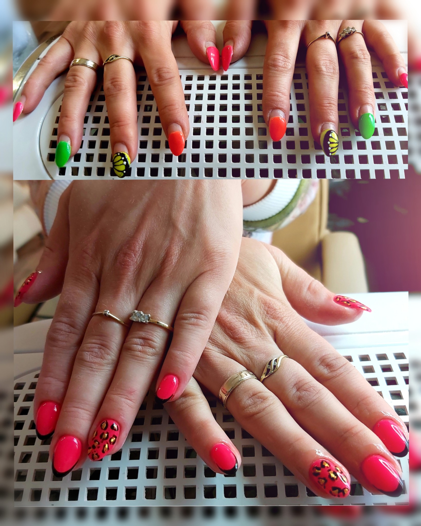 Dłonie z różnymi stylizacjami paznokci: manicure żelowy w kolorach różowym, zielonym i pomarańczowym, z motywem motyla i panterki, na tle białej kratki.