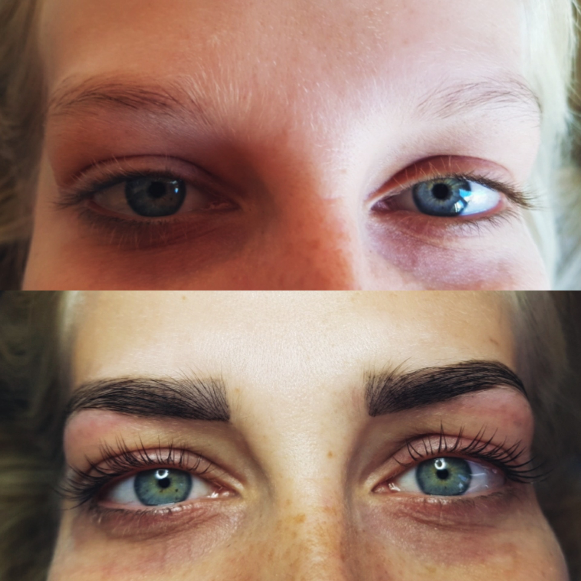 Zbliżenie na oczy klientki przed i po zabiegu laminacji rzęs oraz regulacji i henny brwi, widoczne różnice w wyglądzie rzęs i brwi.