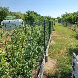 Nowo postawione, zielone ogrodzenie panelowe na betonowej podmurówce, oddzielające ogródek z uprawami od trawnika w słoneczny dzień.