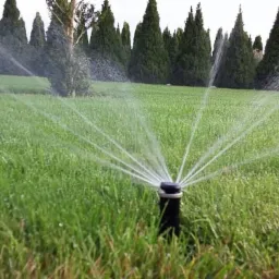 Automatyczny zraszacz rotacyjny nawadnia trawnik, w tle rząd wysokich, stożkowych drzew iglastych.