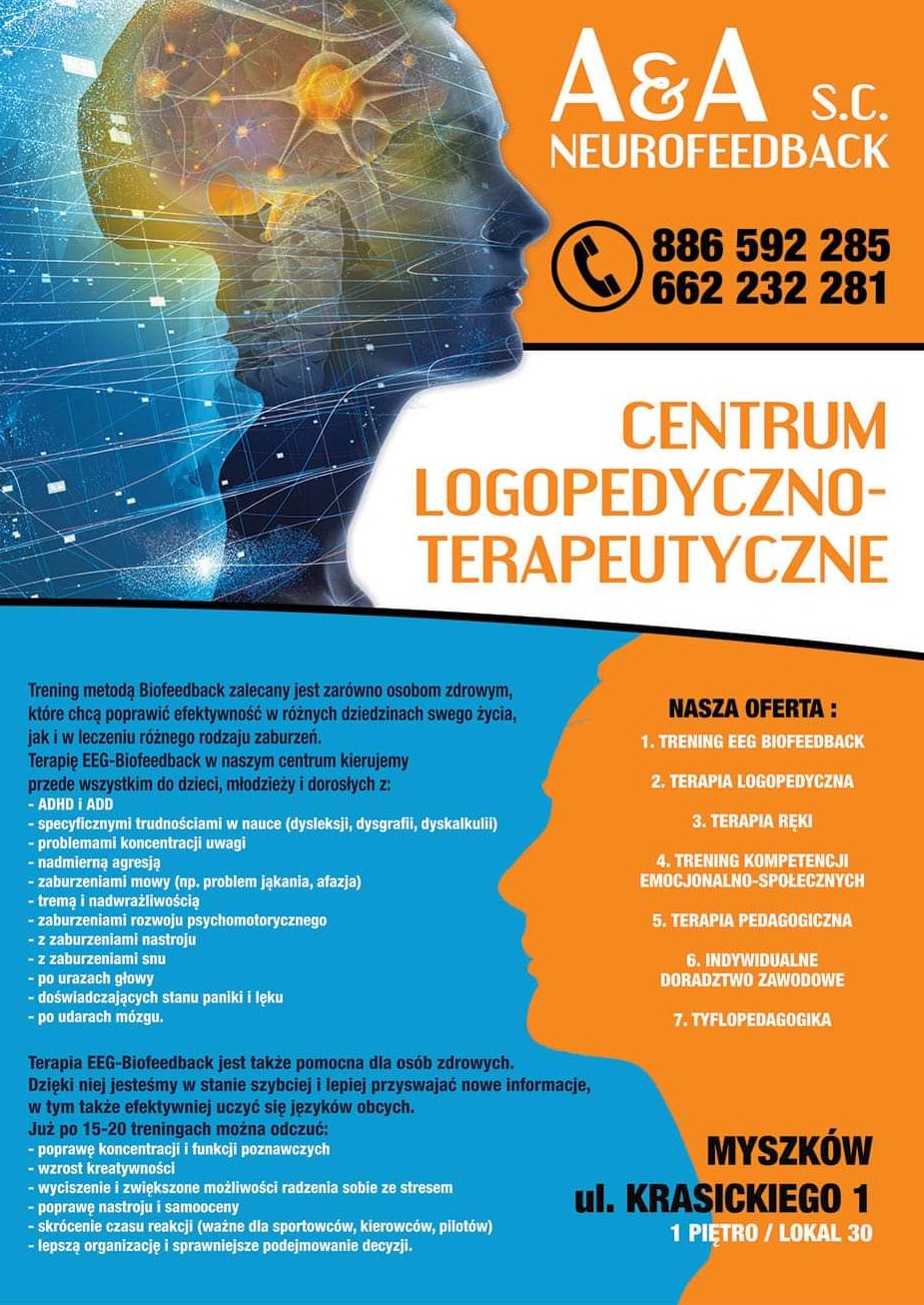 Plakat reklamowy centrum logopedyczno-terapeutycznego A&A Neurofeedback z ofertą treningu EEG Biofeedback, terapii logopedycznej, terapii ręki, treningu kompetencji emocjonalno-społecznych, terapii...