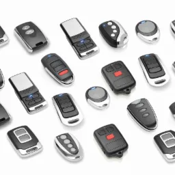 Kolekcja pilotów do bram garażowych i wjazdowych, różniących się kształtem, kolorem i liczbą przycisków, ułożonych na białym tle.