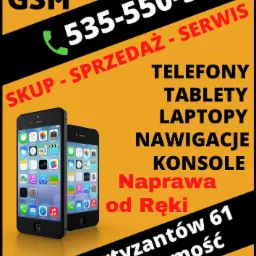 Reklama punktu GSM Smartfonik w Zamościu: skup, sprzedaż, serwis telefonów, tabletów, laptopów, nawigacji i konsol, naprawa od ręki, adres ul. Partyzantów 61, kontakt 535-550-512. Na pierwszym...