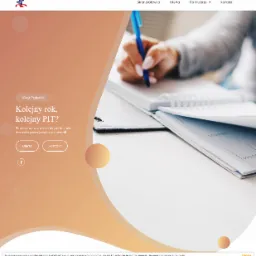 Strona internetowa firmy księgowej Vivapolonia.nl z Holandii, z motywem rozliczeń podatkowych i dłonią piszącą w notatniku.