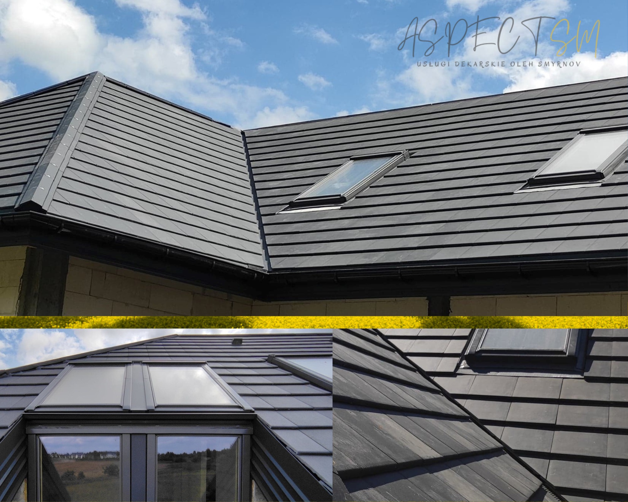 Szary dach z dachówki ceramicznej z dwoma oknami dachowymi i widoczną rynną, na tle błękitnego nieba z chmurami.