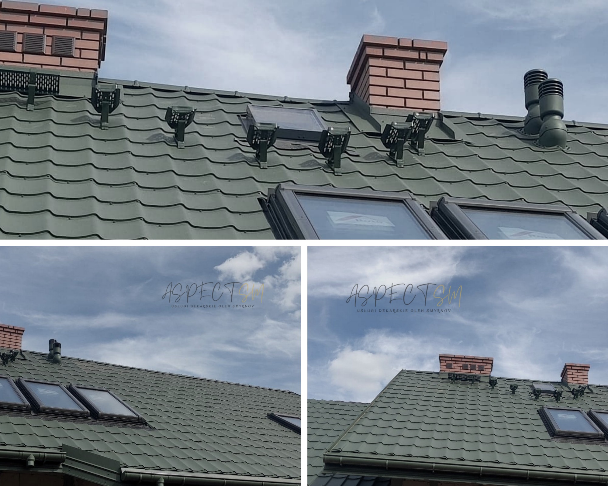 Zielony dach z blachy trapezowej z oknami dachowymi, kominami z cegły i odpowietrznikami, widoczne obróbki blacharskie.