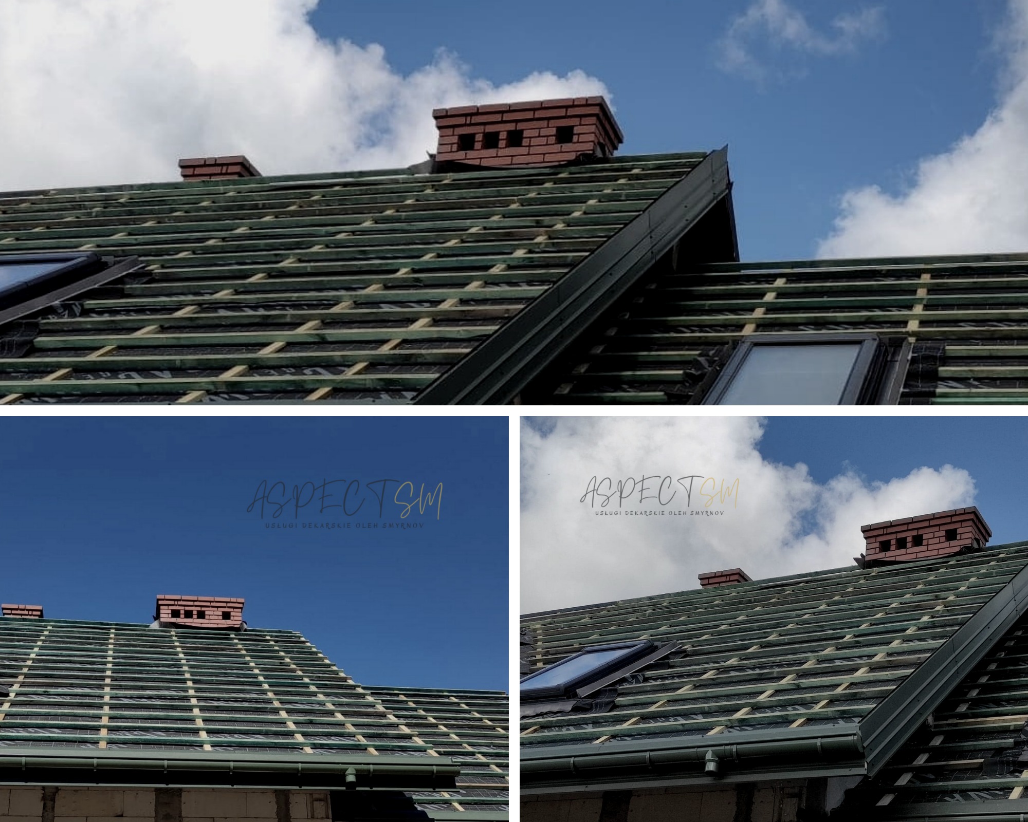 Nowy dach w trakcie budowy z widoczną membraną, łatami, oknem dachowym i kominem z cegły na tle błękitnego nieba z chmurami.