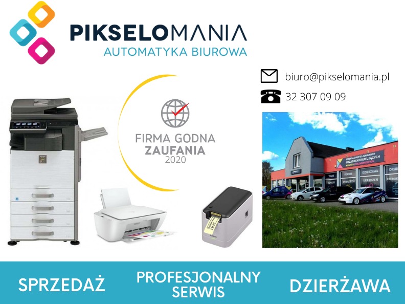 Kompozycja graficzna z logo firmy Pikselomania, przedstawiająca kserokopiarkę biurową, drukarkę atramentową, drukarkę etykiet, budynek firmy z samochodami oraz nagrodę 'Firma Godna Zaufania 2020'...