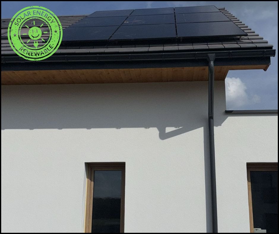 Panele fotowoltaiczne na dachu domu jednorodzinnego, widoczne okna i rynna. Na zdjęciu logo 'Solar energy renewable'.