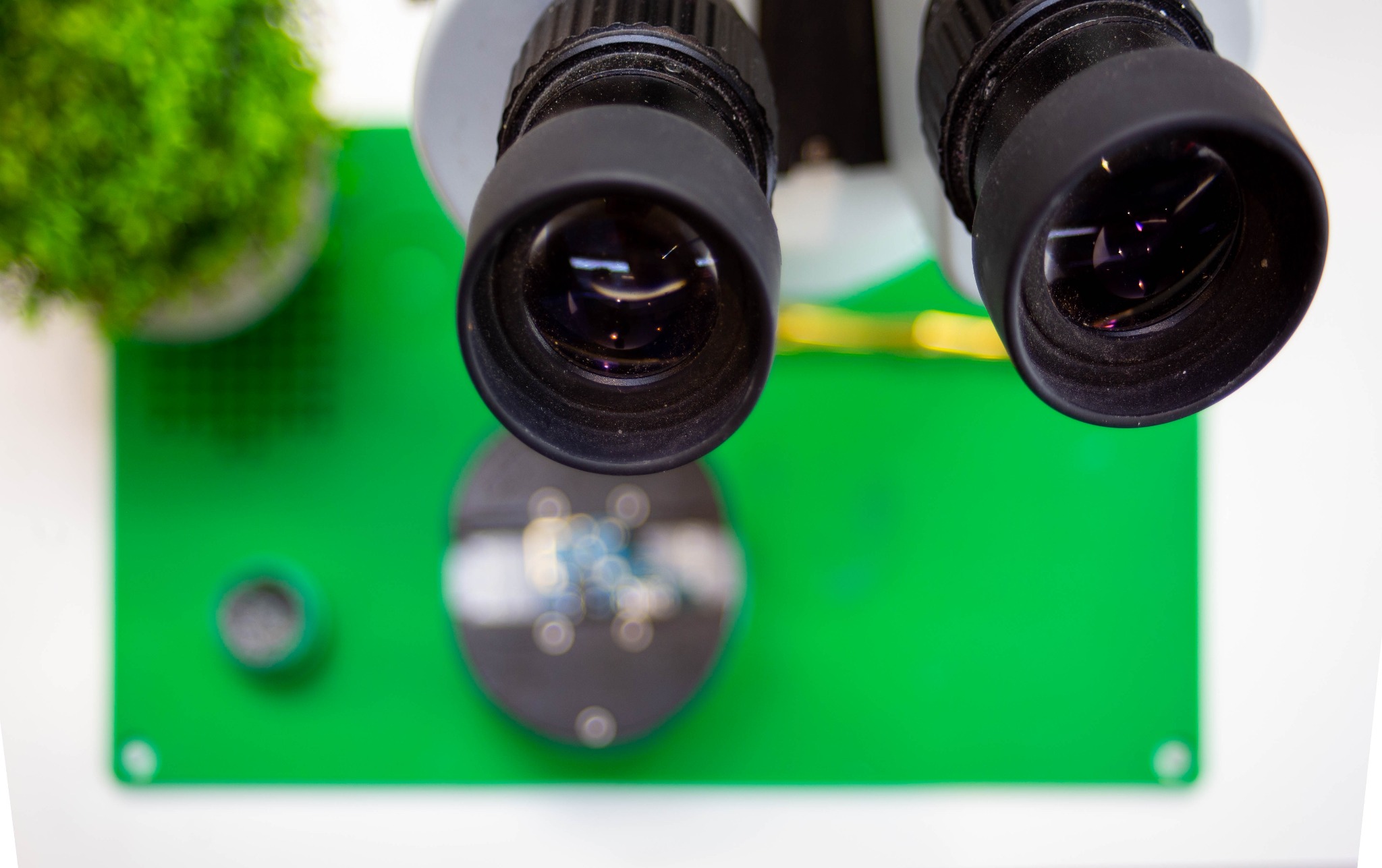 Widok z góry na mikroskop serwisowy, pod nim zielona płytka z elementami elektronicznymi, obok doniczka z rośliną.