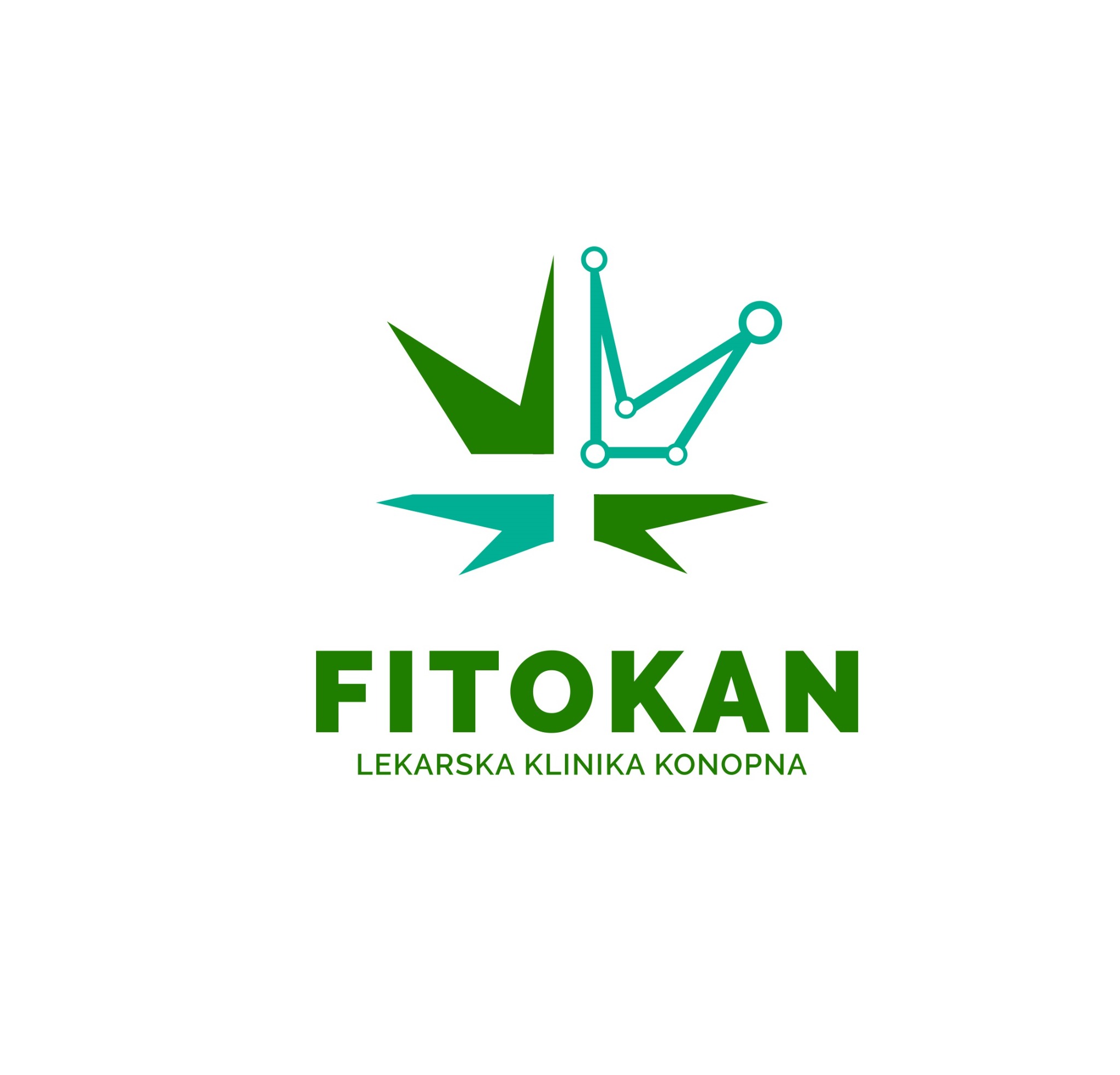 Logo 'FITOKAN LEKARSKA KLINIKA KONOPNA' z graficznym symbolem liścia konopi połączonego z elementami układu scalonego, utrzymane w zielonej i turkusowej kolorystyce.