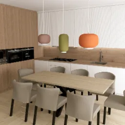 Wizualizacja nowoczesnej kuchni z drewnianymi szafkami, białymi frontami, blatem z drewna i stołem jadalnym z sześcioma krzesłami w odcieniach beżu, oświetlona trzema kolorowymi lampami wiszącymi.
