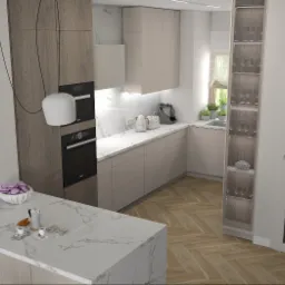 Wizualizacja nowoczesnej kuchni z wyspą, marmurowym blatem, zabudową w odcieniach beżu i brązu oraz parkietem w jodełkę.