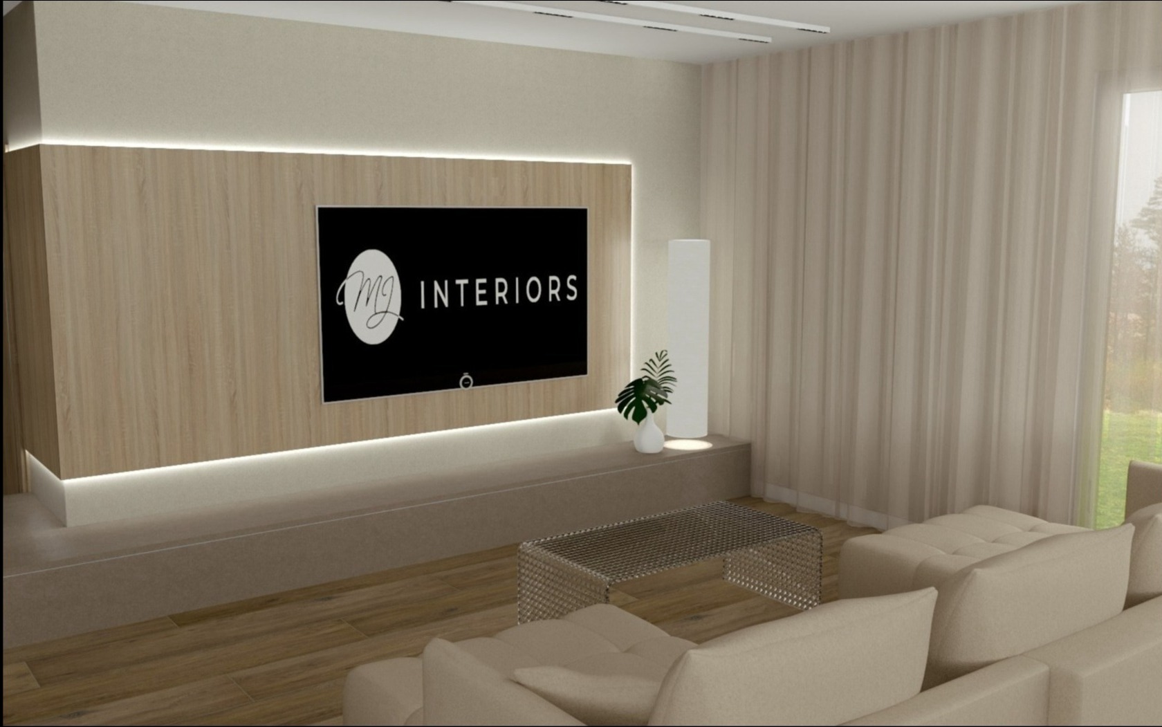 Wizualizacja salonu z podświetlaną ścianą telewizyjną, minimalistycznym stolikiem kawowym i jasną sofą modułową, z widokiem na zieleń za oknem.