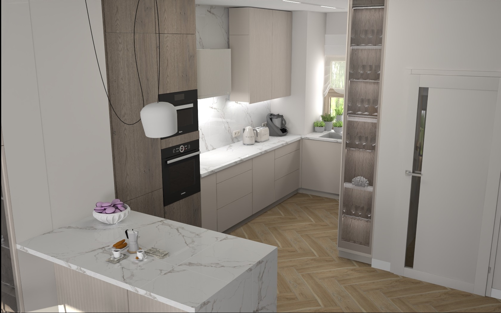 Wizualizacja nowoczesnej kuchni z wyspą, marmurowym blatem, zabudową w odcieniach beżu i brązu oraz parkietem w jodełkę.