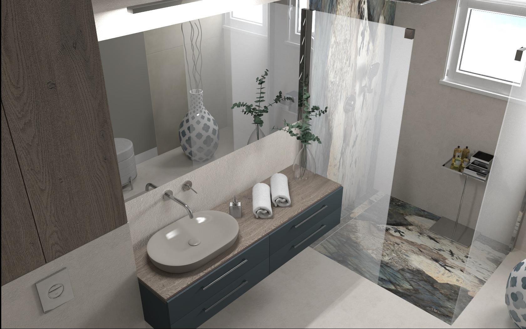 Wnętrze łazienki z umywalką nablatową, szafką z szufladami w kolorze ciemnego turkusu, lustrem, dekoracyjną wazą i roślinami w wazonach. Kabina prysznicowa z marmurowym wzorem na szkle. Na półce...