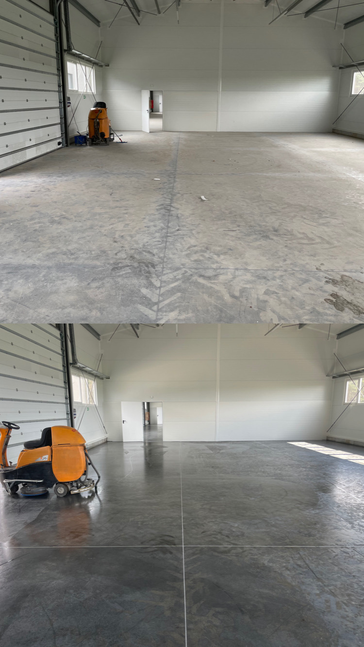 Maszynowe czyszczenie hali.