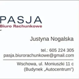 Wizytówka biura rachunkowego z logo 'JN Pasja', danymi kontaktowymi Justyny Nogalskiej, adresem we Wschowie i numerem telefonu.